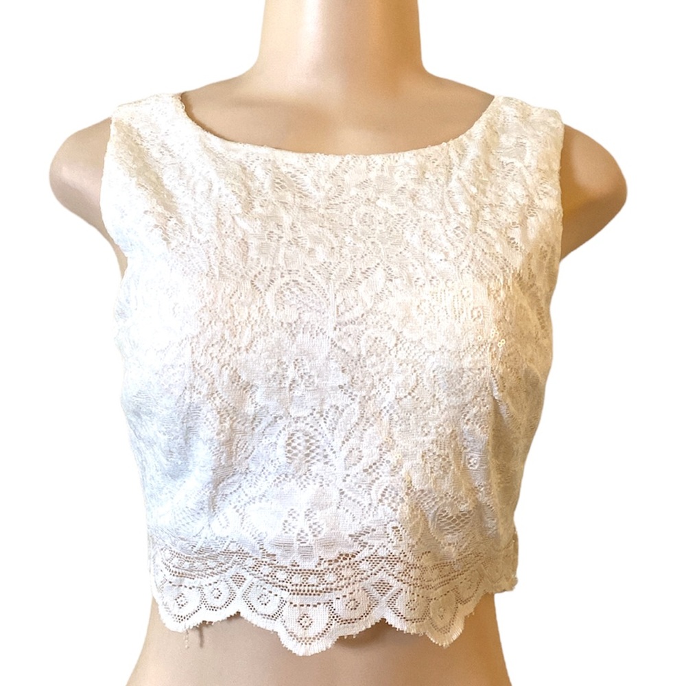Jodi Kristopher lace sequence white crop top
